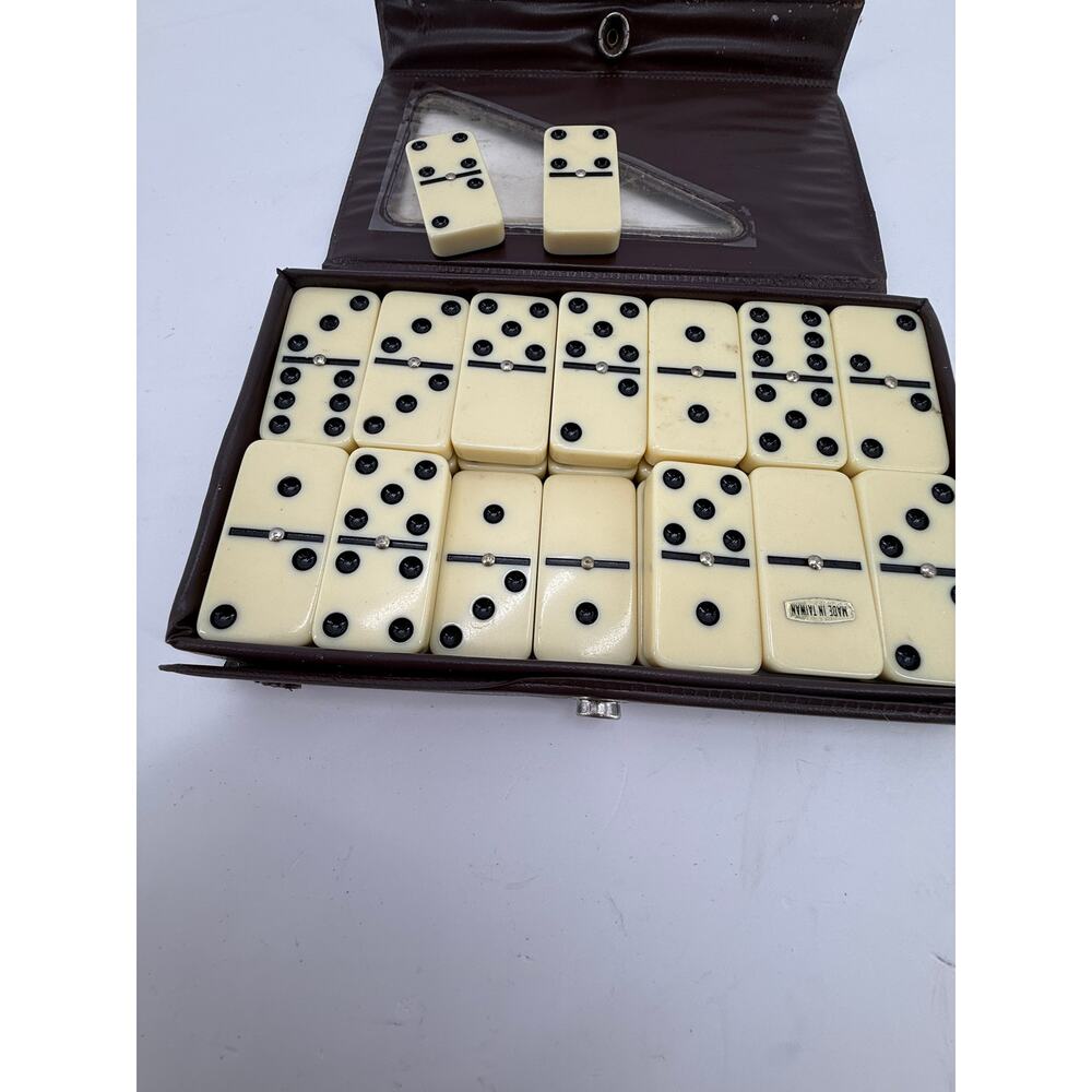 Vintage Double Six Dominoes Set Faux Ivory Black Dots Retro Game Carrying Case - Picture 5 of 5